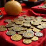 Apricot blossom coins displayed in a Hanoi shop