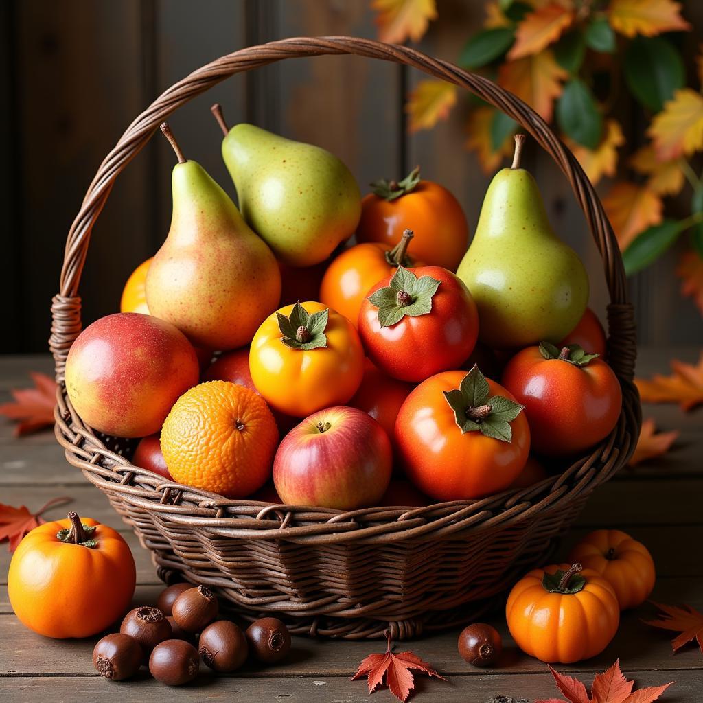 An assortment of Korean autumn fruits, including pears, persimmons, and chestnuts.