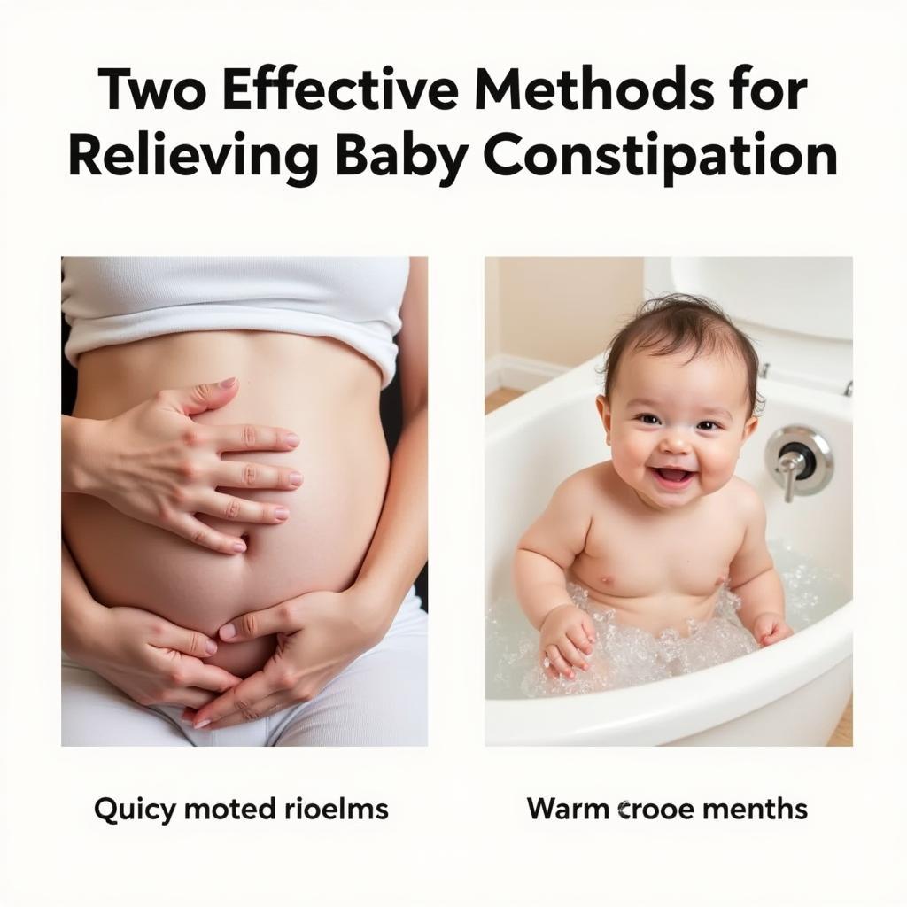 Remedies for baby constipation: An illustration showing a parent gently massaging their baby's tummy and a baby enjoying a warm bath.