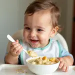 A baby happily enjoying a bowl of crab porridge