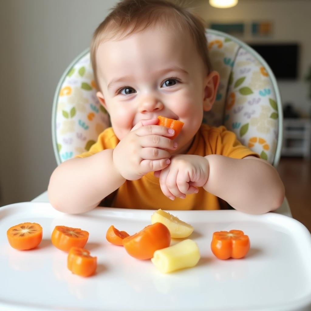 A 10-month-old baby exploring finger foods like soft cooked vegetables and fruits.