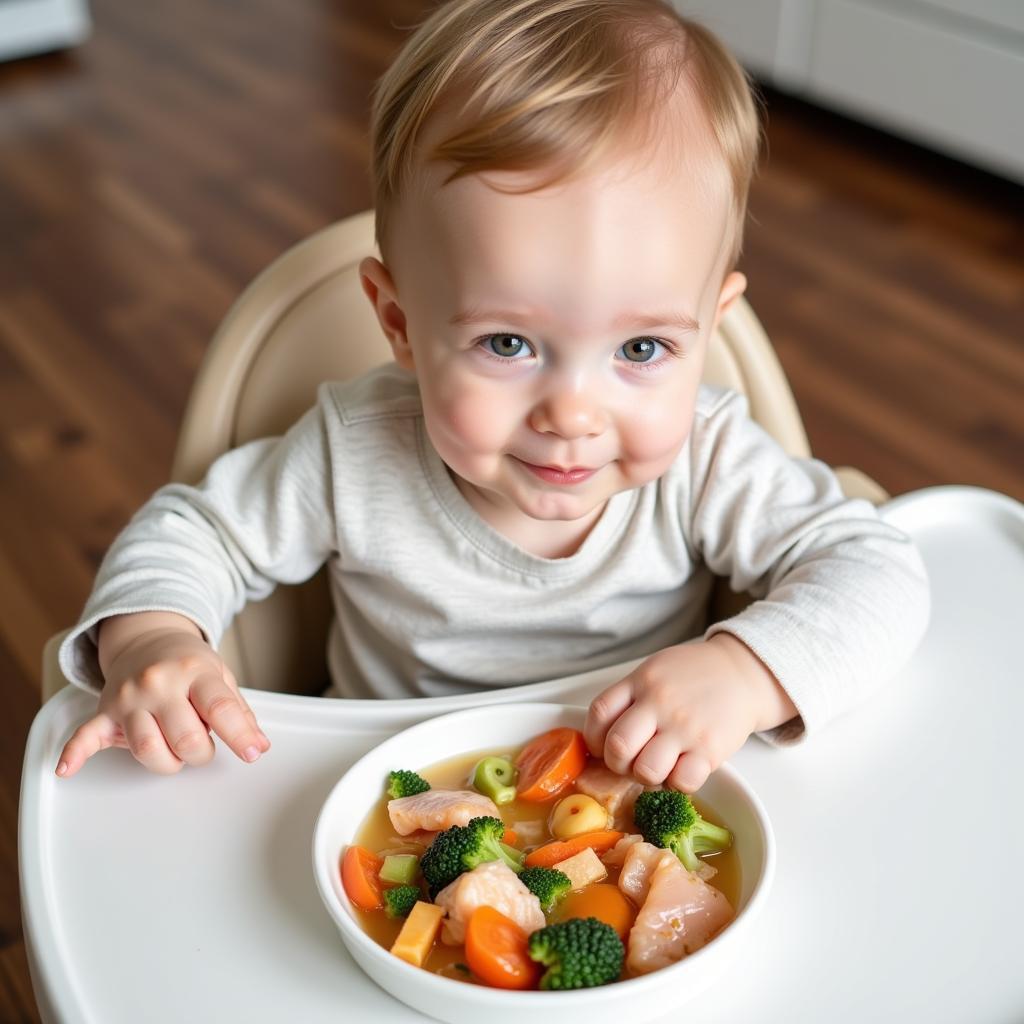 Baby eating fish with steamed vegetables