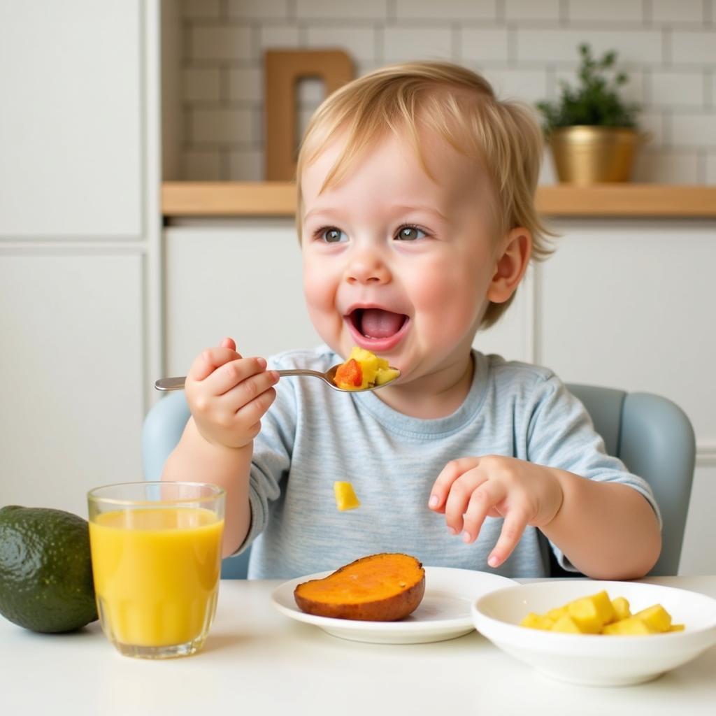 Baby enjoying a plate of healthy, weight-gain promoting foods