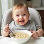 Baby happily eating a bowl of porridge