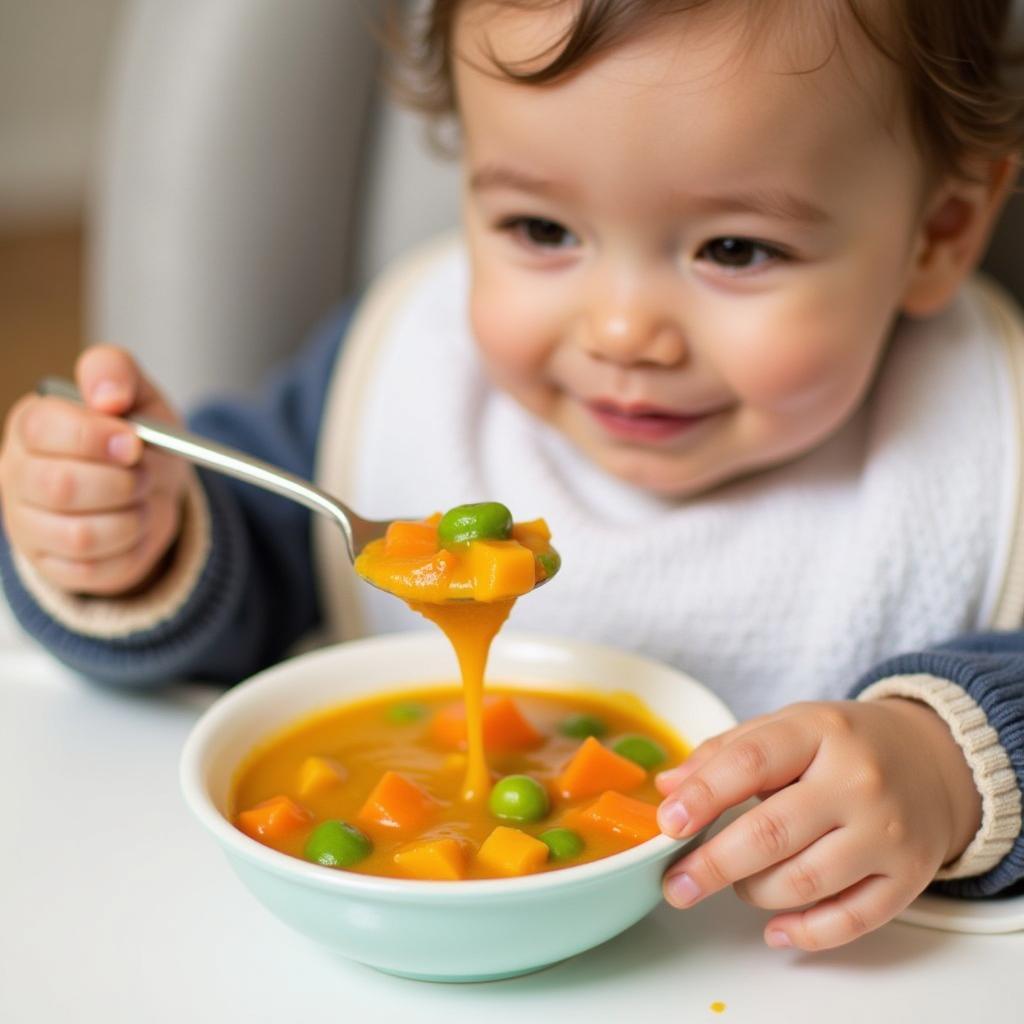 Baby happily eating a bowl of colorful vegetable soup