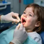 A dentist gently extracting a baby tooth from a child in Hanoi.