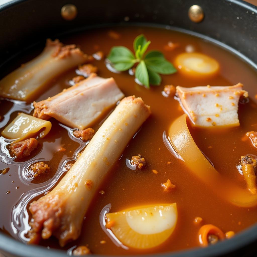 Close-up of Banh Canh Gio Heo broth