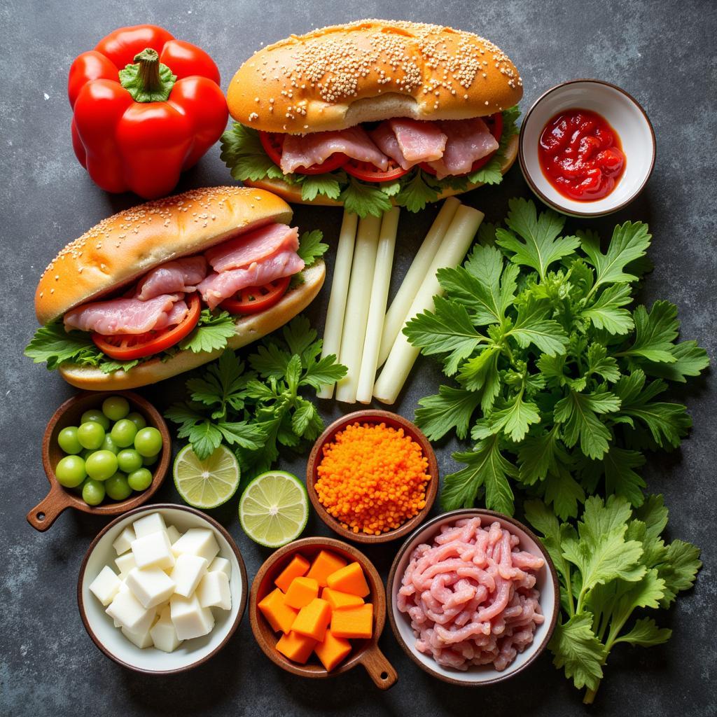 A flat lay showcasing the individual ingredients of a banh mi, highlighting the variety and freshness of the components.