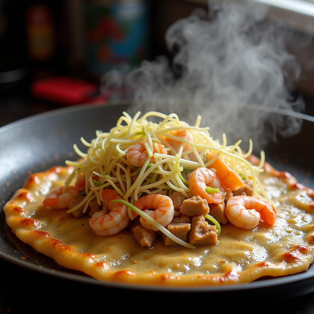 A close-up of a sizzling banh xeo being prepared in Can Tho