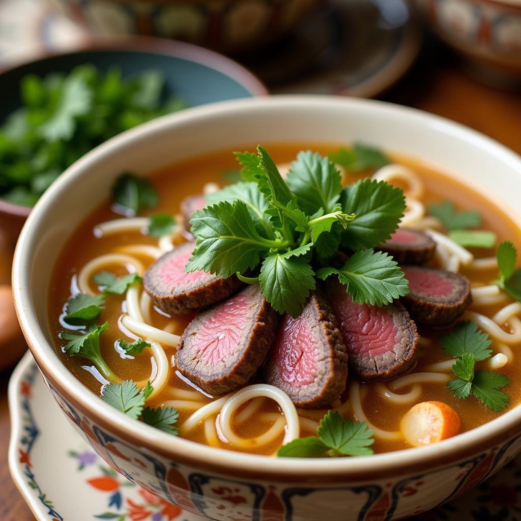 A steaming bowl of Vietnamese Pho with beef shank