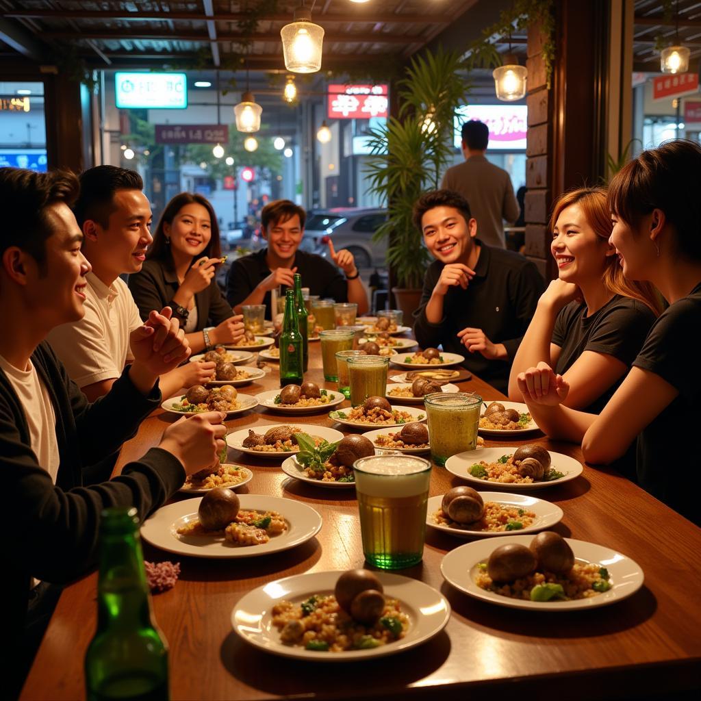 Locals enjoying snails and beer at a bustling Hanoi restaurant.