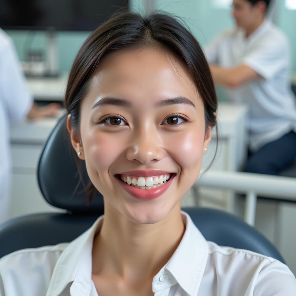 A patient smiling after receiving orthodontic treatment in Hanoi