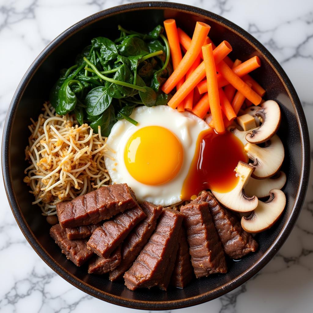 Close-up shot of bibimbap ingredients: seasoned vegetables, marinated beef, fried egg, and gochujang sauce.