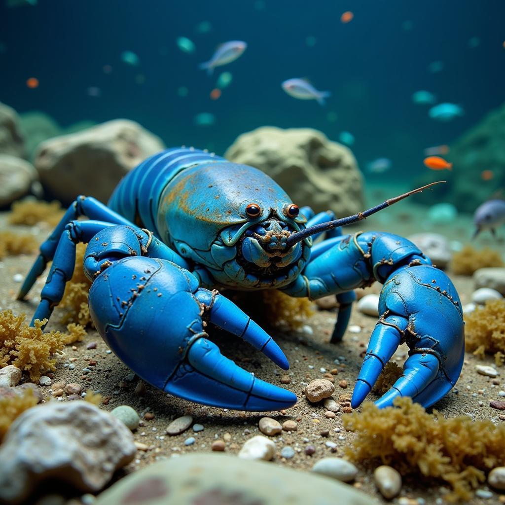 Blue lobster scavenging on the seafloor