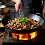 Cooking Bo Me Tre in a Traditional Wok