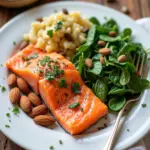 A colorful plate of healthy foods known to improve sperm count and quality, including fish, nuts, seeds, and leafy greens.