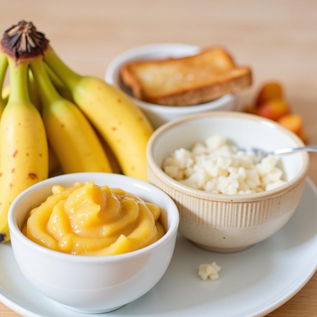 Foods included in the BRAT diet: bananas, rice, applesauce, and toast.