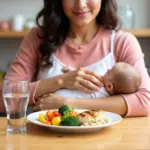 A breastfeeding mother enjoying a healthy meal with a variety of fruits, vegetables, and protein.