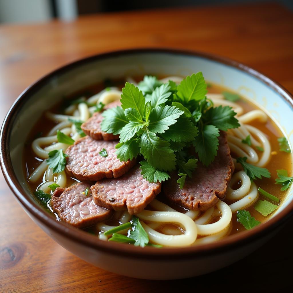 A steaming bowl of buffalo meat pho garnished with fresh herbs.