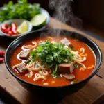 Bun Bo Hue: A steaming bowl of spicy beef noodle soup with vibrant red broth, tender beef slices, and fresh herbs.