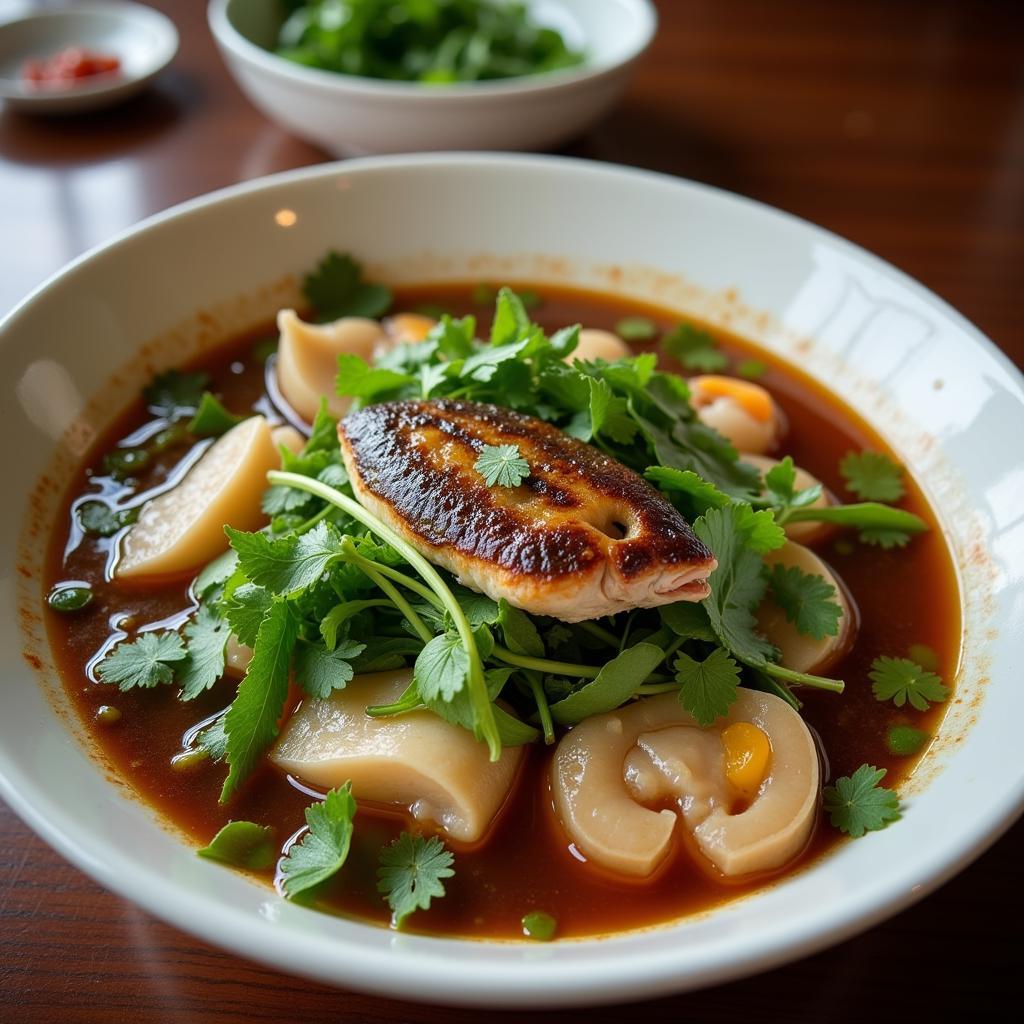 Bun Cha Ca in Quy Nhon: A steaming bowl of Bun Cha Ca, a traditional Quy Nhon fish noodle soup, garnished with fresh herbs and chili.