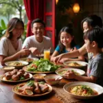 Hanoi family enjoying a delicious meal of Bún chả at a local restaurant.