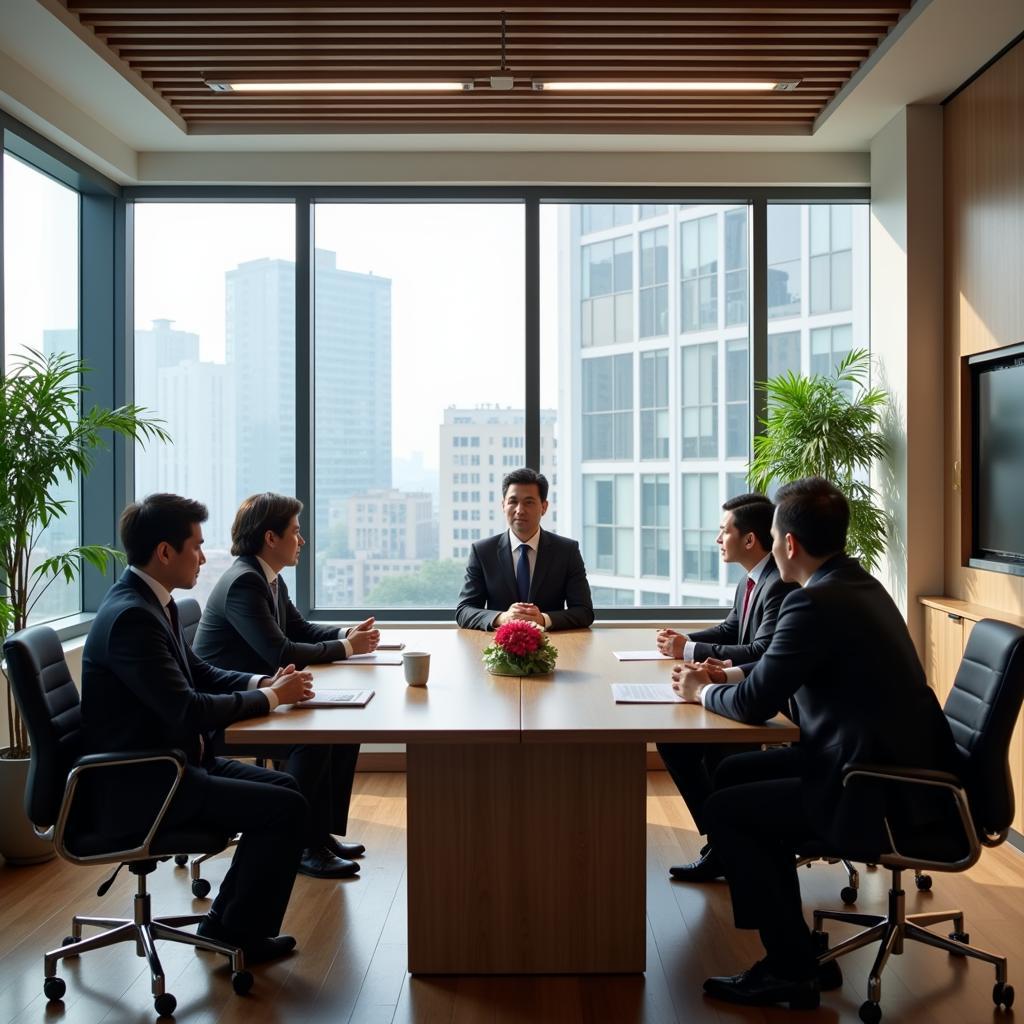 Business professionals engage in a tactful conversation during a meeting in a modern Hanoi office