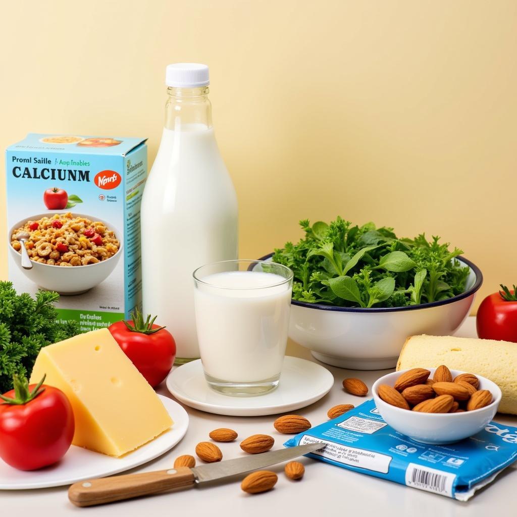 A variety of calcium-rich foods beneficial for pregnant women, including dairy products, leafy greens, fortified cereals, and almonds.