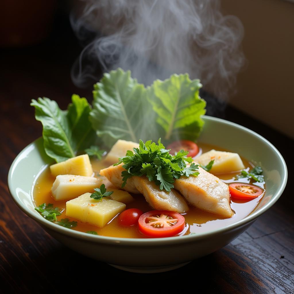 Vietnamese Sour Fish Soup with Lettuce and Herbs