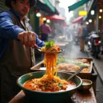 Cao Vân noodles being served at a bustling street food stall in Hanoi, Vietnam, showcasing the vibrant atmosphere and delicious aroma.