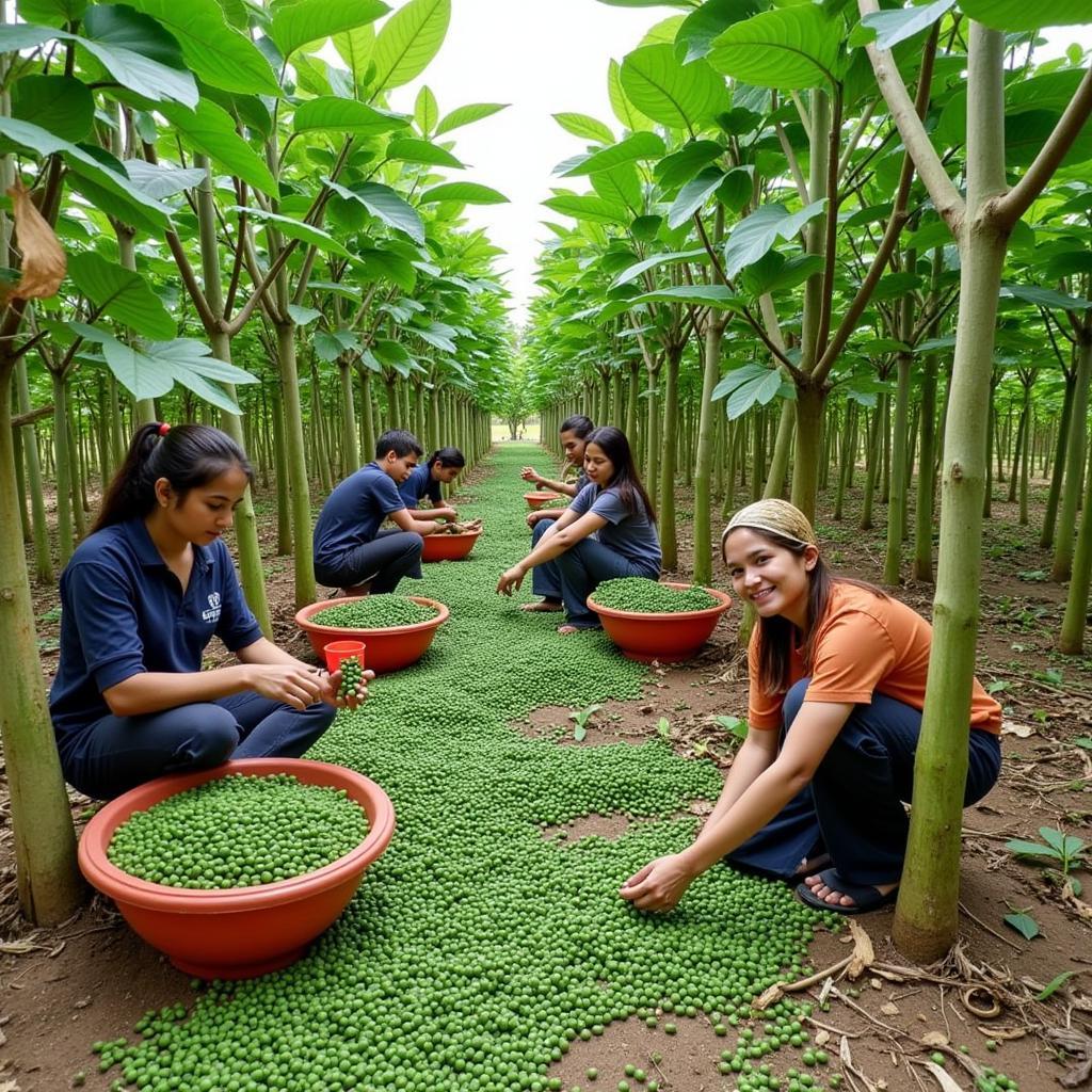 Workers harvesting cardamom pods.