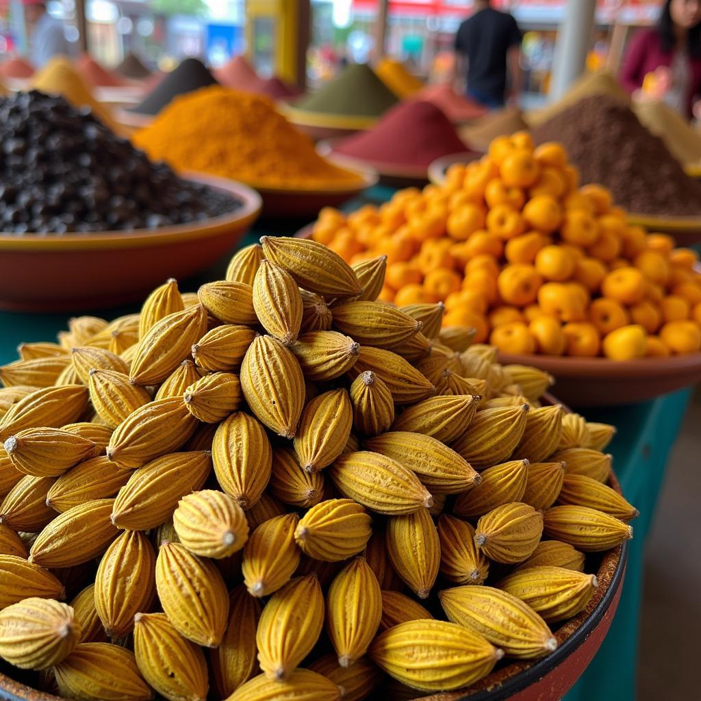 Dried cardamom pods in a spice market.