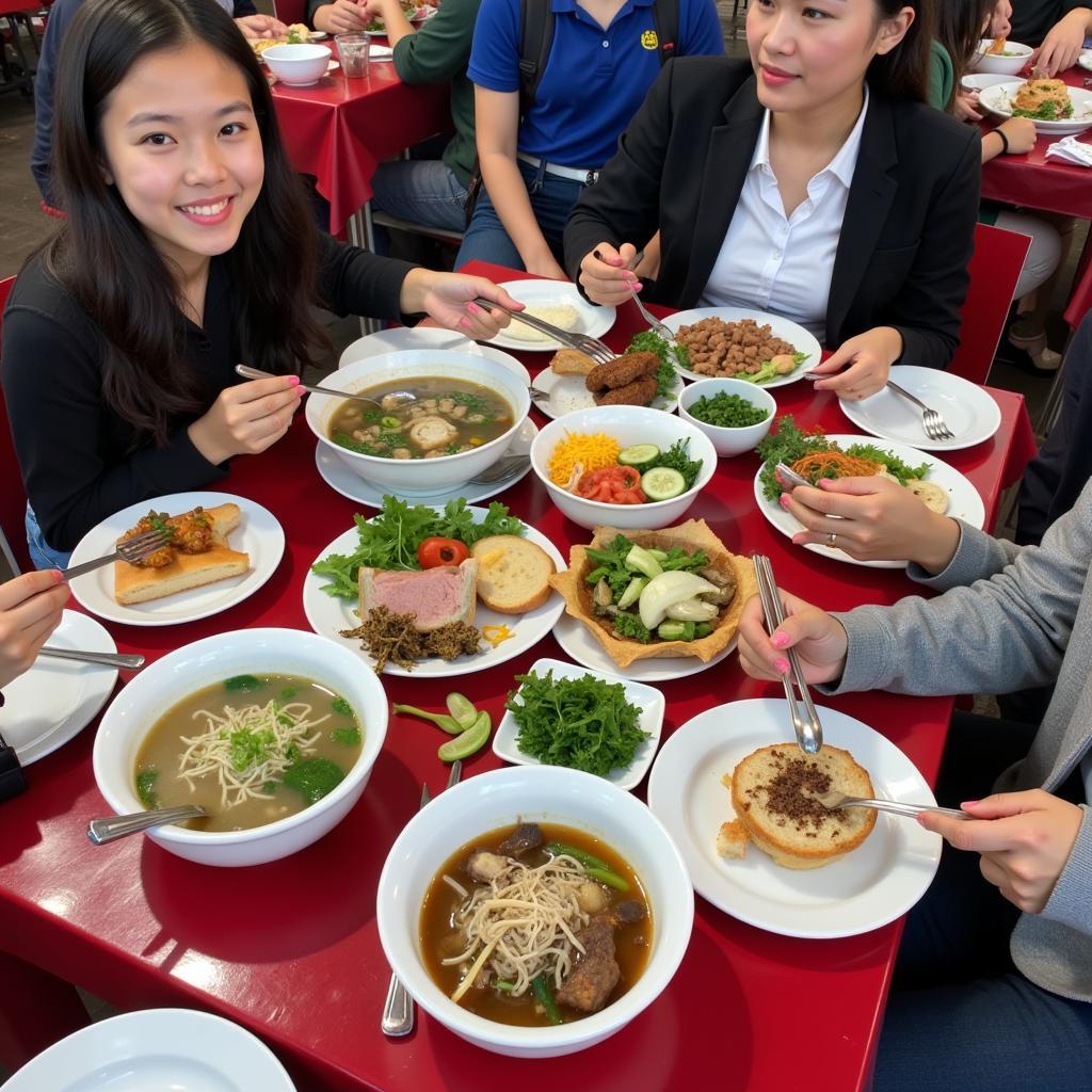 Students enjoying affordable Hanoi cuisine