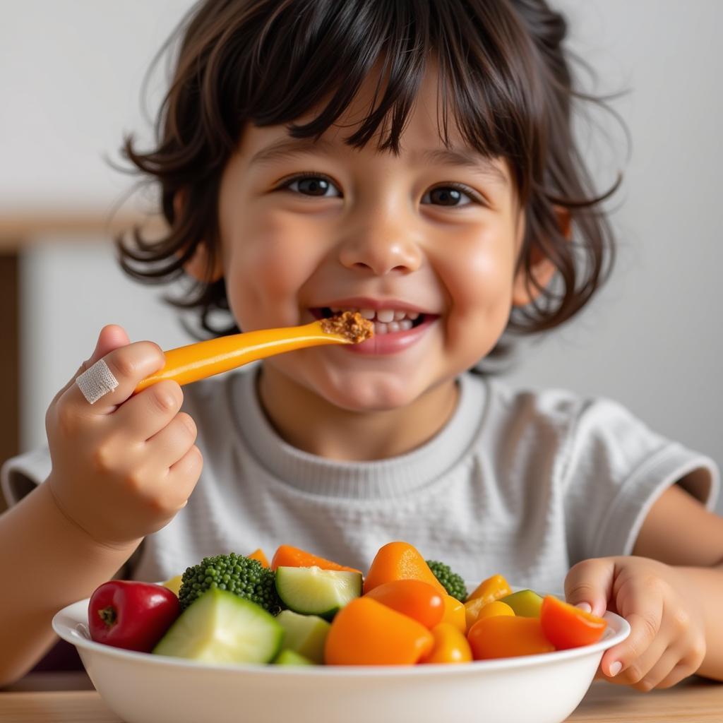 Child eating healthy food after a burn injury