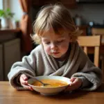 Child eating soup during a fever