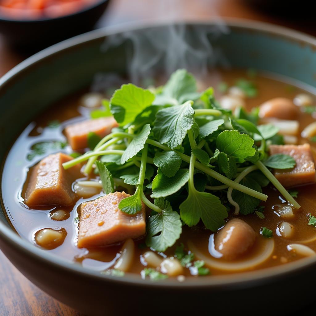 Close-up shot of a pho bowl with fresh herbs