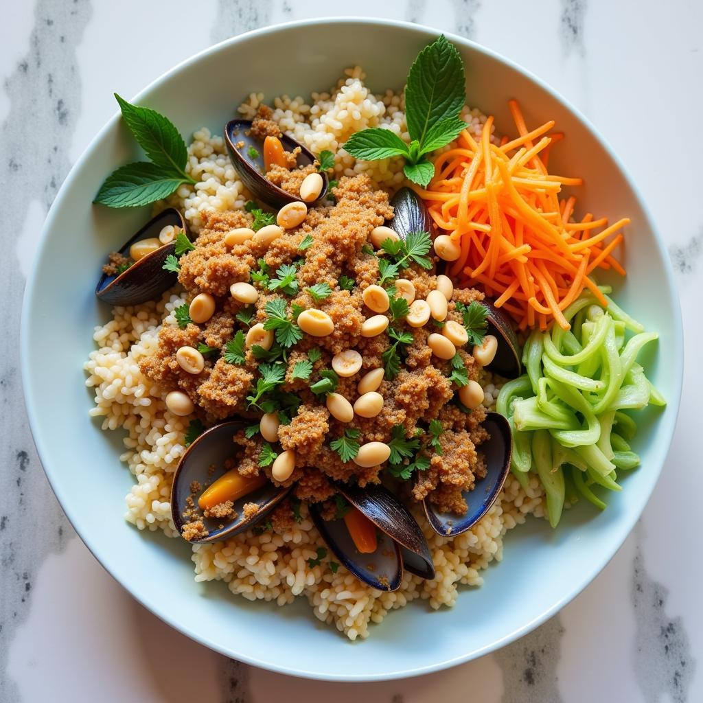 Com Hen: A colorful plate of mussel rice with various toppings and textures.