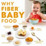 Dietary changes for a constipated baby: An image depicting a variety of high-fiber foods suitable for babies, such as pureed prunes, pears, and peaches, alongside a baby enjoying a meal.