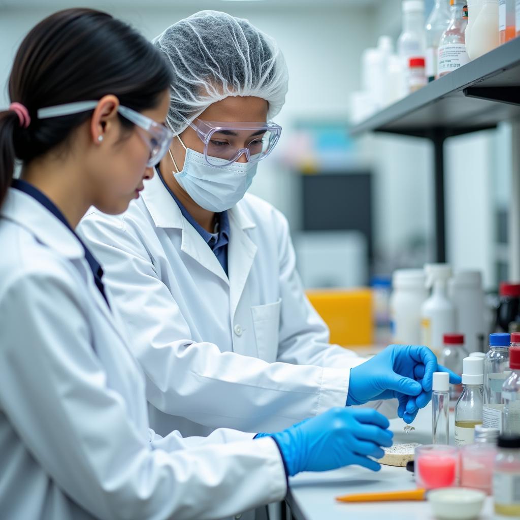 Cosmetic Chemist at Work: A scientist in a lab coat conducting experiments with cosmetic ingredients.