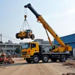 Crane Truck Lifting Heavy Machinery in Hanoi