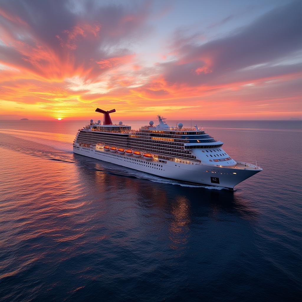 Cruise ship sailing on the open ocean during sunset.