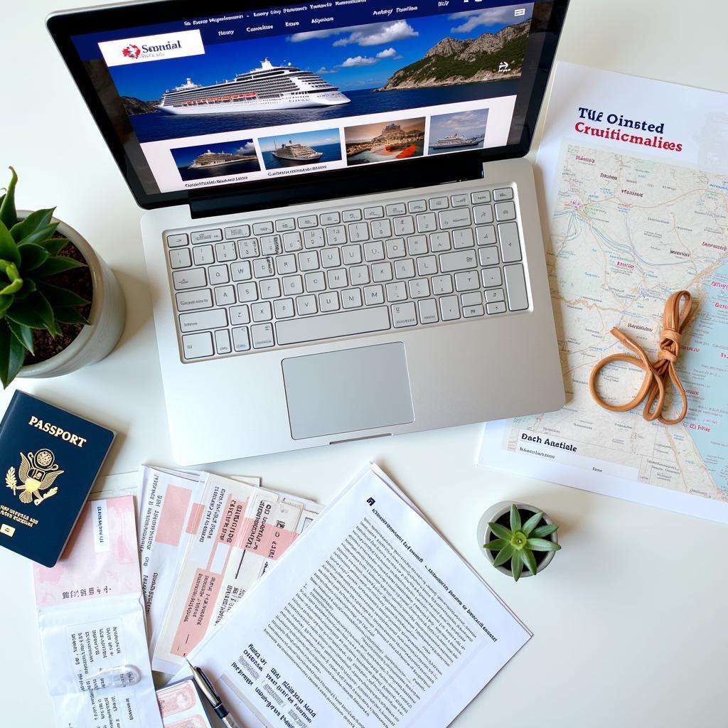 Passport, tickets, and travel documents laid out on a table with a laptop.