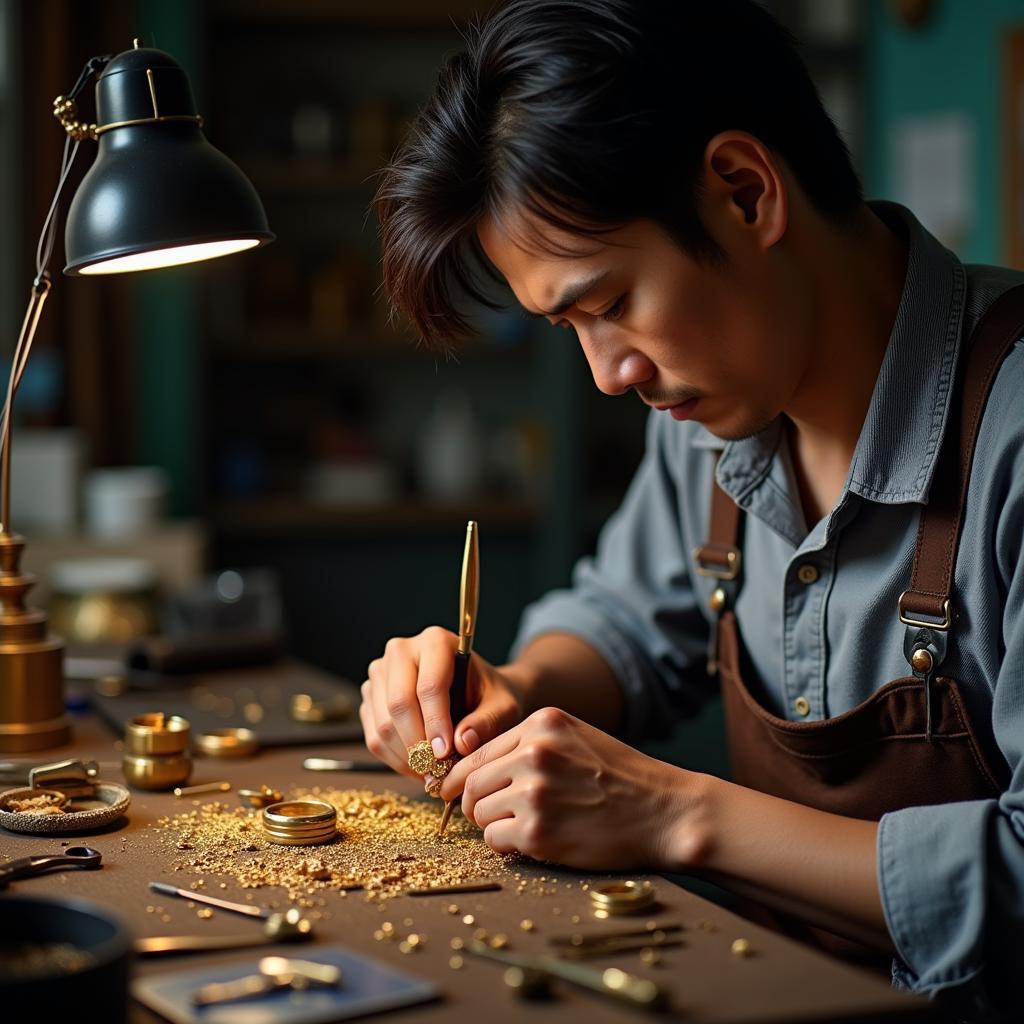 Goldsmith crafting a custom engagement ring in Hanoi