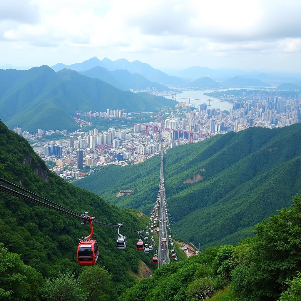 Ba Na Hills - Cable cars transporting tourists up the mountain, overlooking lush green valleys and the cityscape of Da Nang.