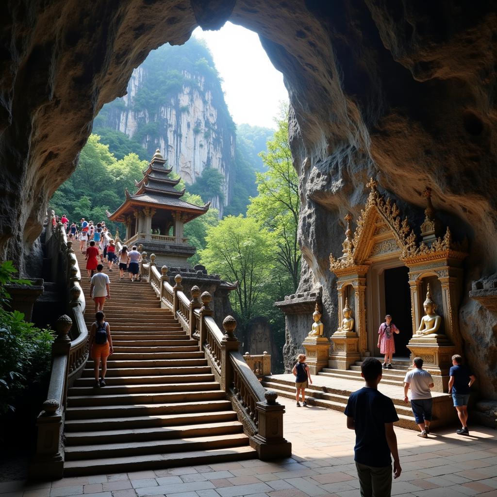 Exploring the Marble Mountains in Da Nang - Tourists climbing the steps, exploring caves and admiring the intricate carvings inside the pagodas.