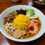 A close-up shot of a bowl of Mi Quang, showcasing the thick yellow noodles, shrimp, pork, peanuts, and crackers.