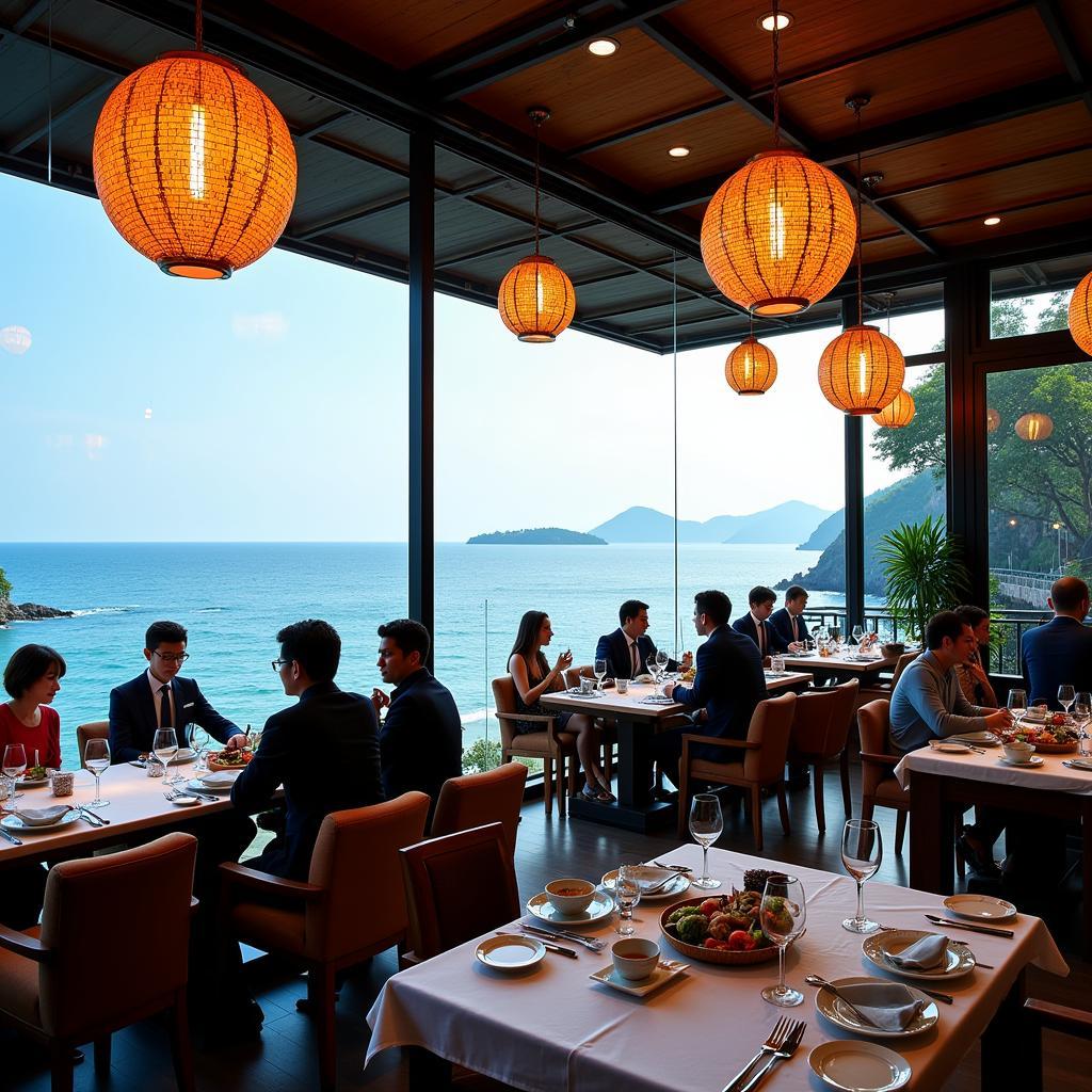 A scenic view of a seafood restaurant in Da Nang overlooking the ocean with diners enjoying their meals.