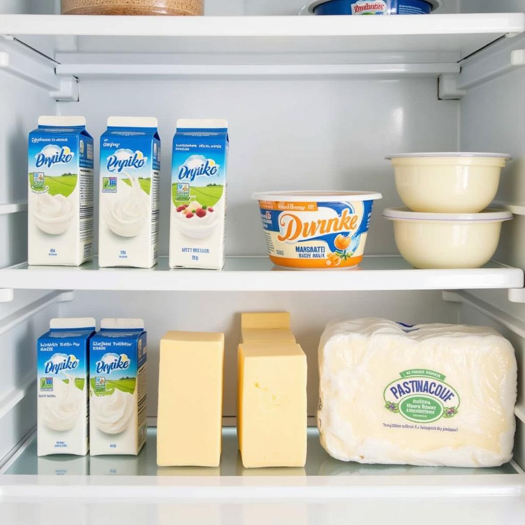 Various dairy products arranged on a refrigerator shelf.