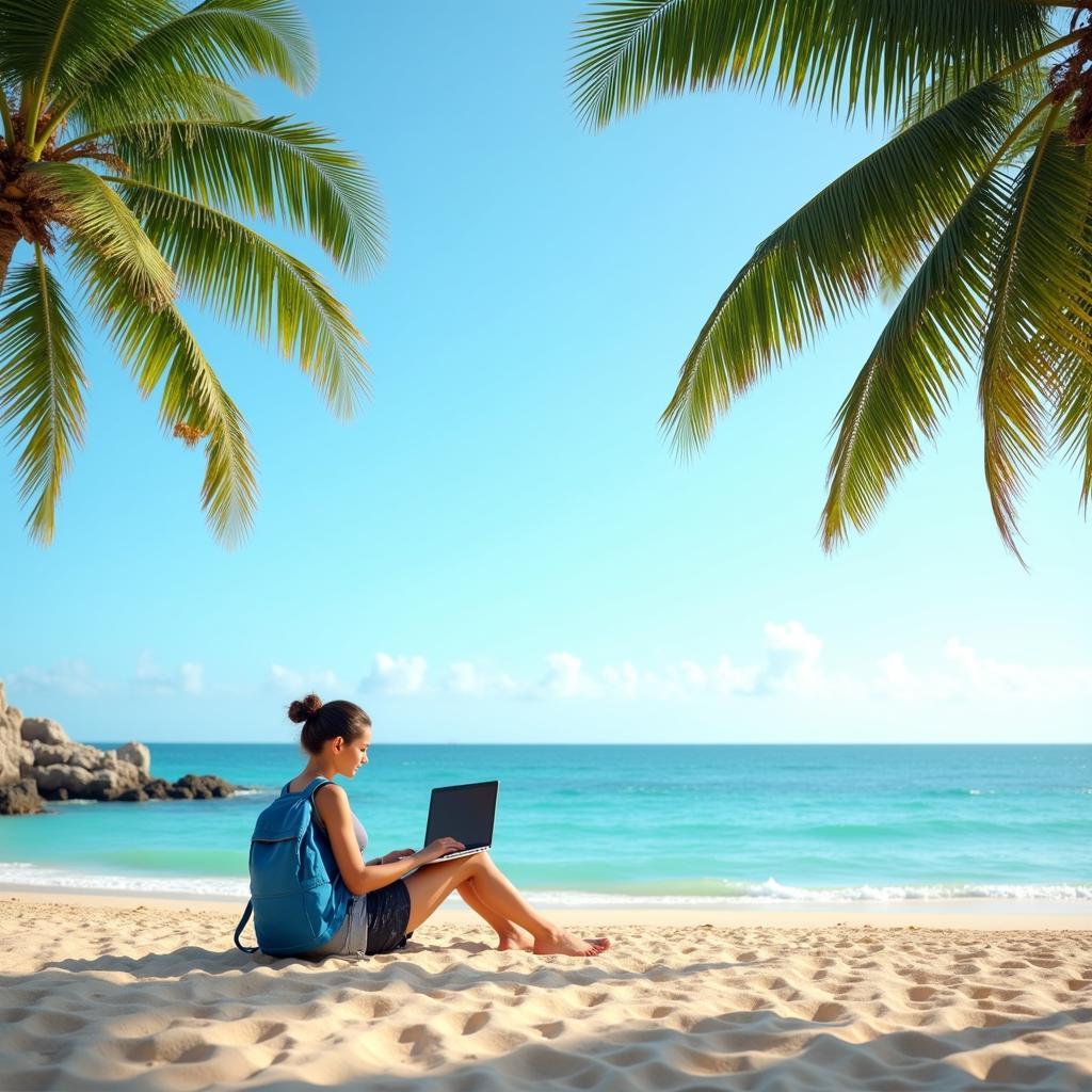 Digital nomad working on a beach