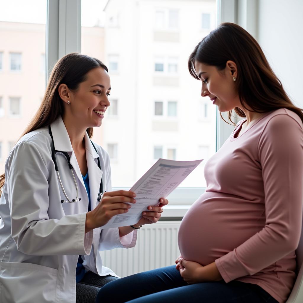 Doctor discussing nutrition with a pregnant woman during a checkup.